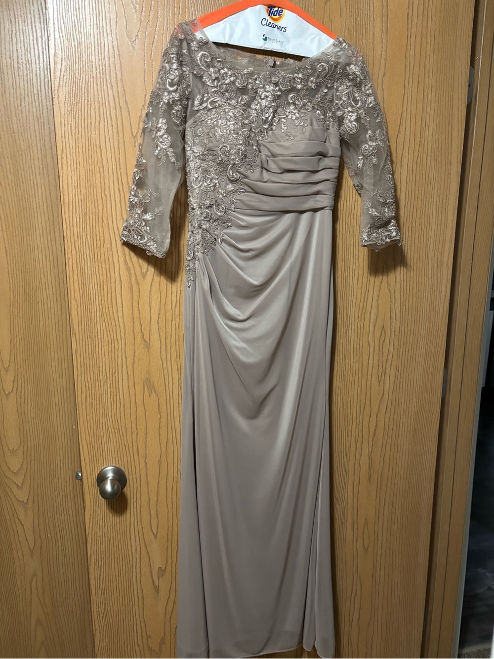 Azazie Alisondra Taupe Evening Dress with Lace Bodice